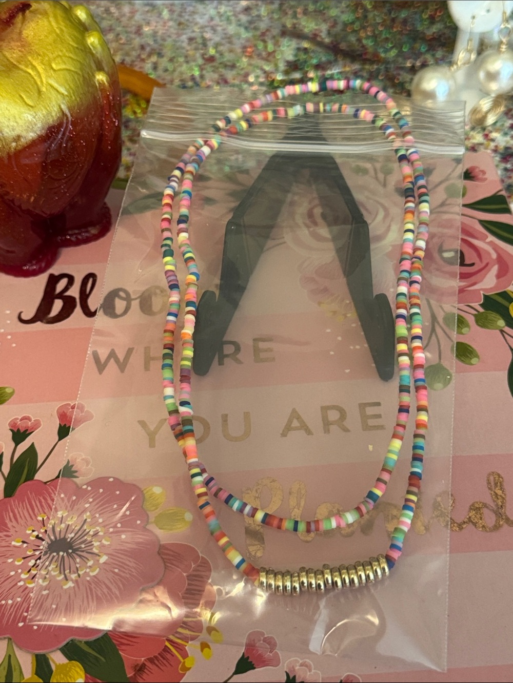 Multicolor boho Bead Necklace with Gold Bead Accents